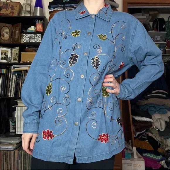 90s Adrian Delafield Embroidered Denim Button-Up Shirt Blouse Leaves Fall Fairy - Picture 8 of 14